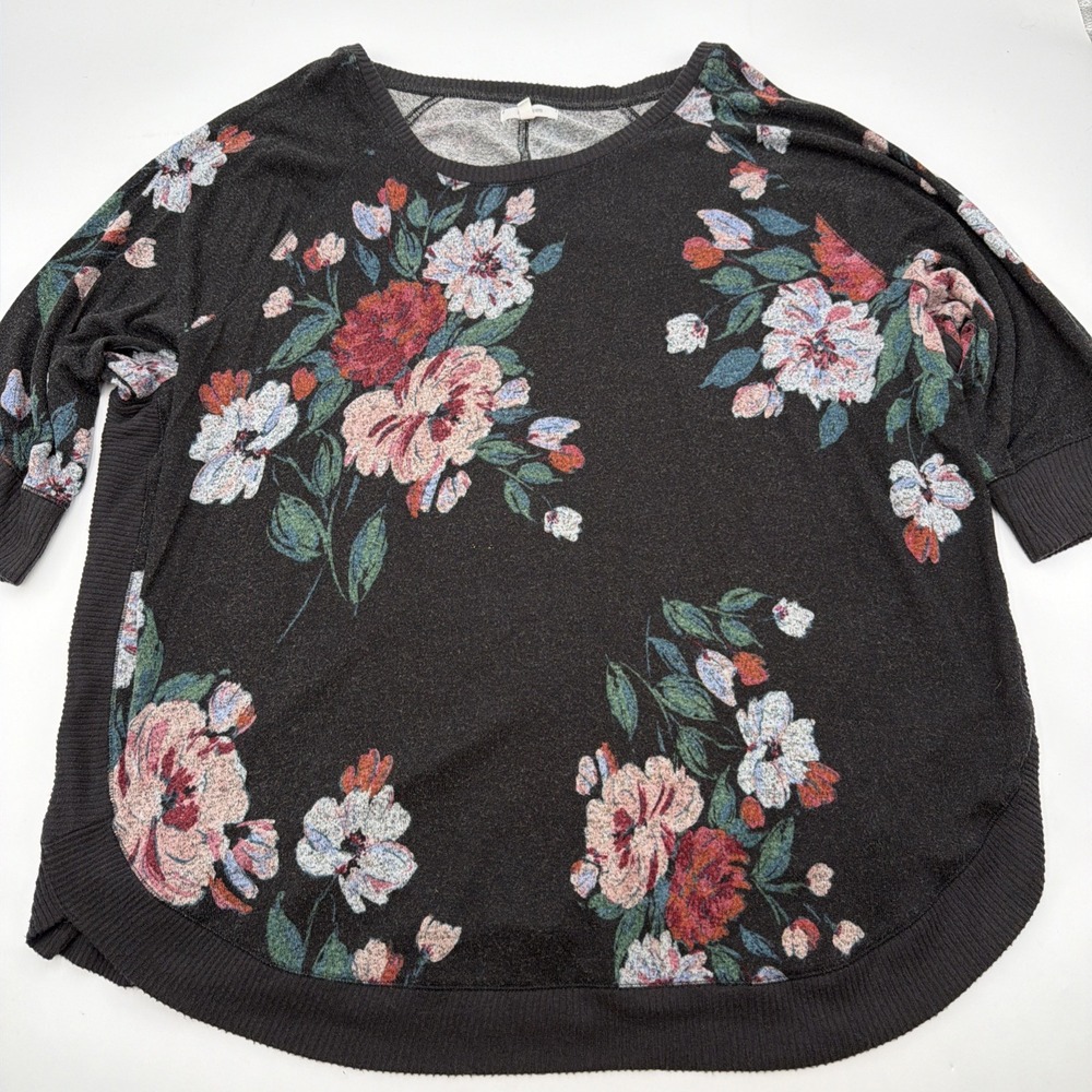 Maurices Shirt Womens 2X Black Floral Knit Tunic Dolman 3/4 Sleeve Casual
